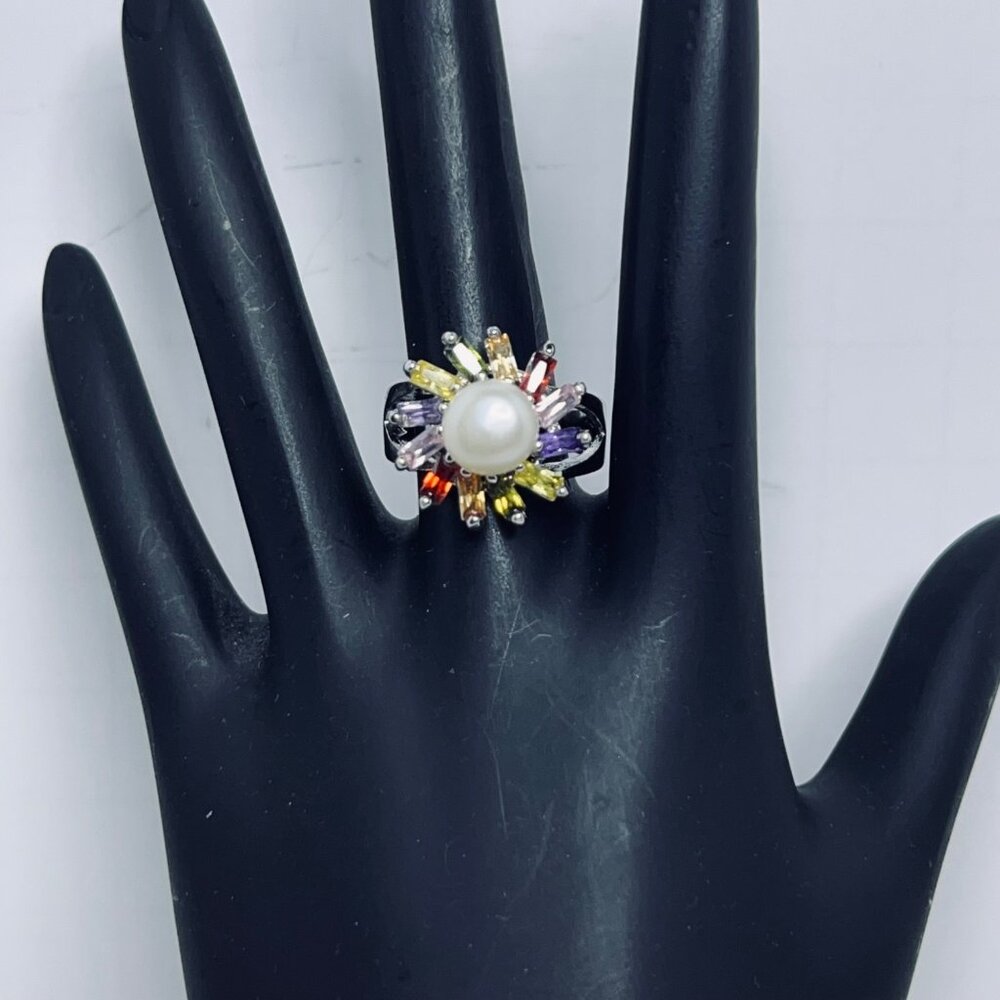 Silver Tone Multi-Colored Rhinestones & Faux Pearl Statement Ring Size 5 (R430)